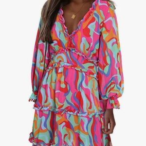 10/$15 Retro Dress with ruffles and keyhole back and sleeves size small